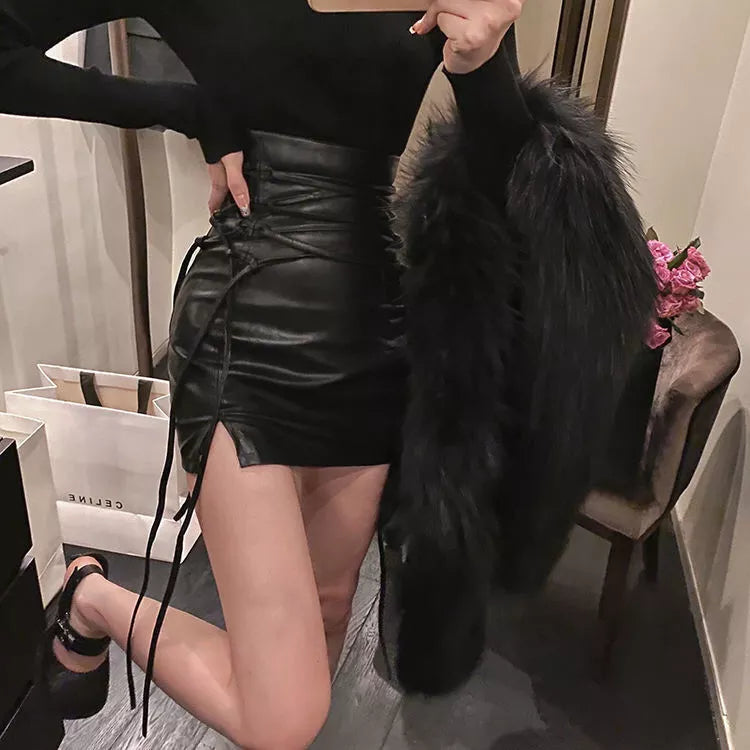 maoxiangshop Fashion Women Ladies Skirt Spring Autumn Solid Color Sexy Clubwear Mini Skirt High Waist Lace-Up Pencil Cross Skirt For Women