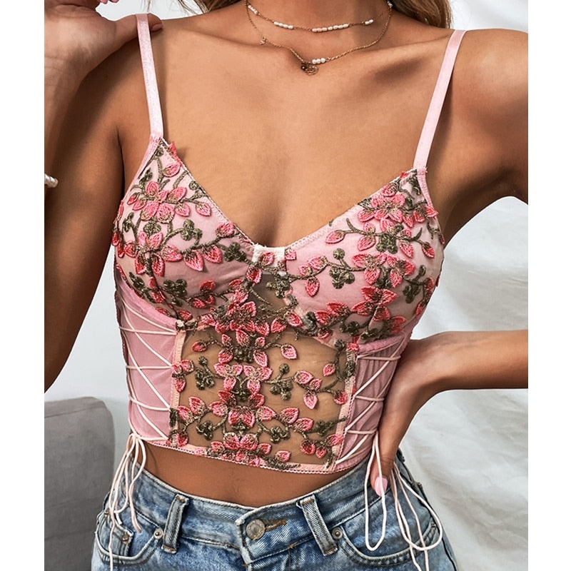 maoxiangshop Women Sexy Pink Tank Top Flower Embroidery V-neck Summer Slim Camisole Female Tie-Up Crop Tank Tops Vest Spaghetti Straps Camis