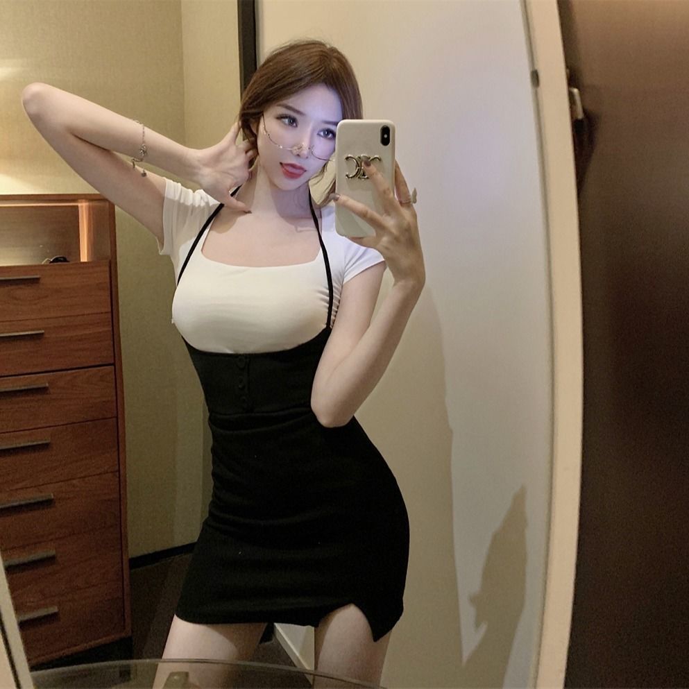 maoxiangshop Sexy Bodycon Mini Dress Women Overalls Dresses T Shirt 2 Pieces Set Side Split Fashion New