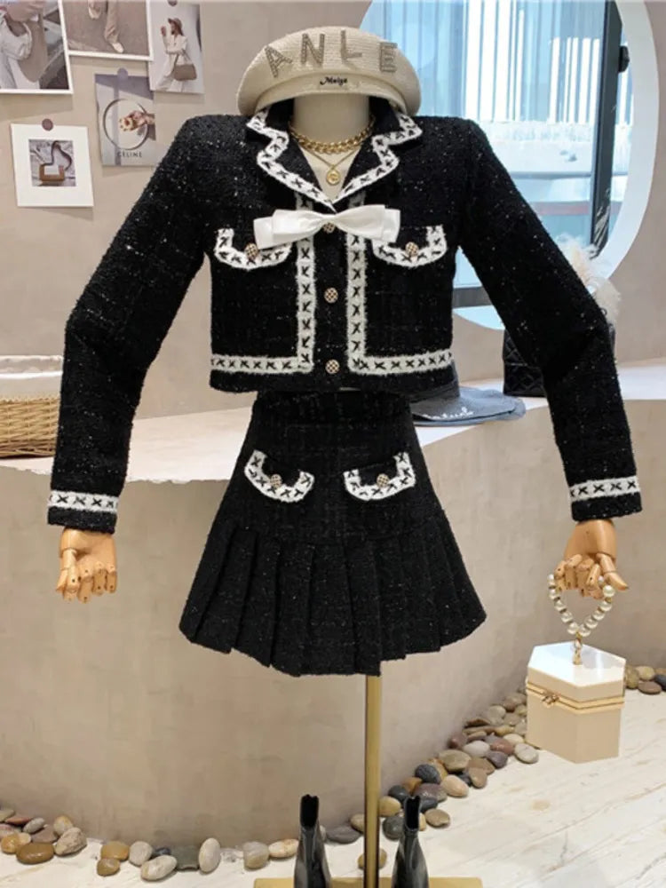 Fashion Small Fragrance Tweed Two Piece Set Women Crop Top Bow Short Jacket Coat + Pleated Skirt Suits Vintage 2 Piece Sets