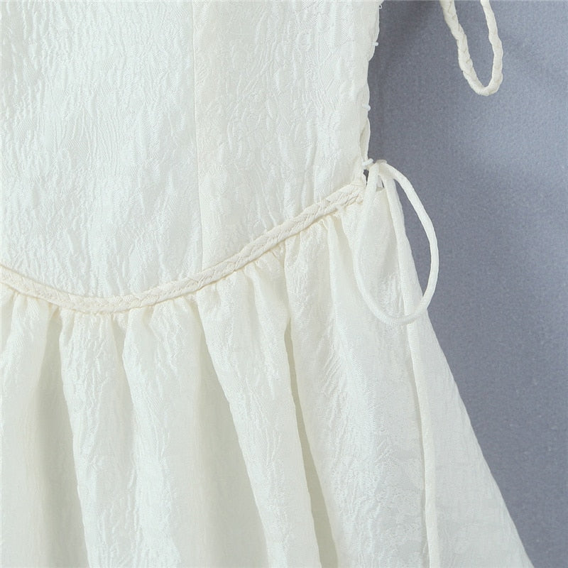 maoxiangshop White Strap Dress Spring Summer New Sexy Holiday Fashion Slim Waist Hollow Tie Short Mini Dress For Women
