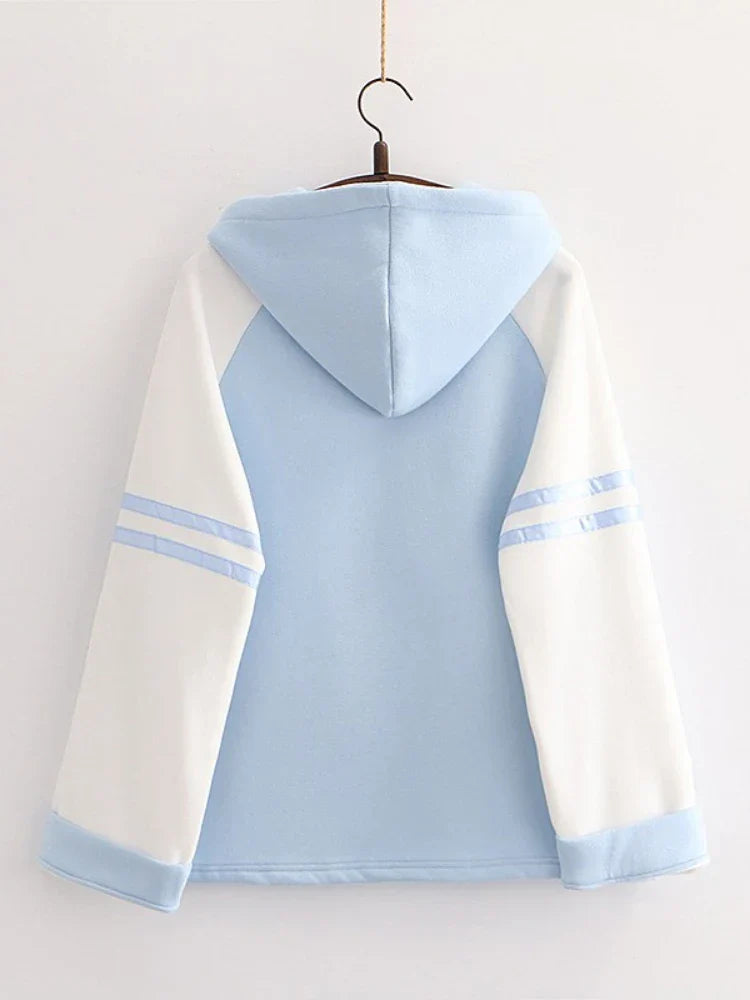 maoxiangshop Japan Kawaii Fleece Warm Hoodie Women Cute Clothes Yellow Girls Thick Sweatshirt Female Winter Hooded Long Sleeve Pullovers Blue
