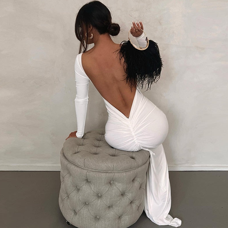 maoxiangshop Backless Maxi Dress Elegant Red Long Sleeve Sexy Ruched Bodyocn Evening Party Dress for Women Spring Slim Christmas Outfits