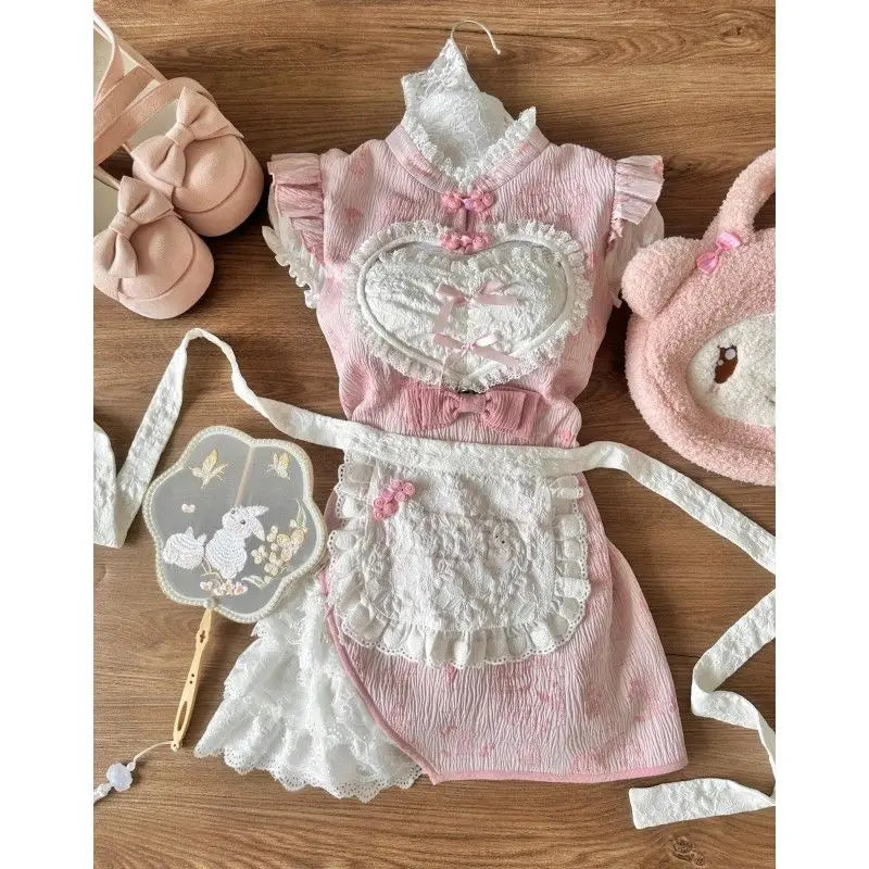 maoxiangshop - Sweet and Cute Girl Retro Chinese Style Printed Design Improved Cheongsam Dress Slim Mini Dress COS Apron Set Women Clothing