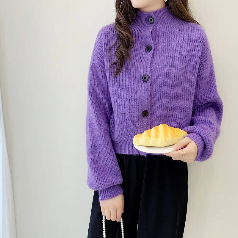 maoxiangshop Retro Turtleneck Single-Breasted Sweater Women's cardigans Autumn New Korean Loose Long-Sleeved knit Cardigans Fashion Full