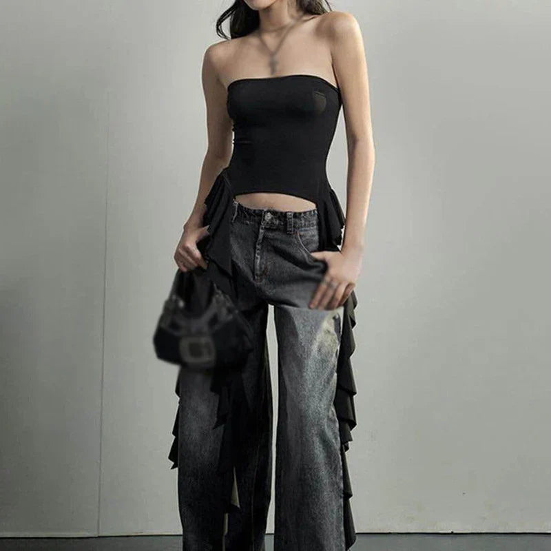 maoxiangshop-Y2k Tank Tops Asymmetrical Fringed Ruffle Top Streetwear Black Strapless Womans Summer Clothes