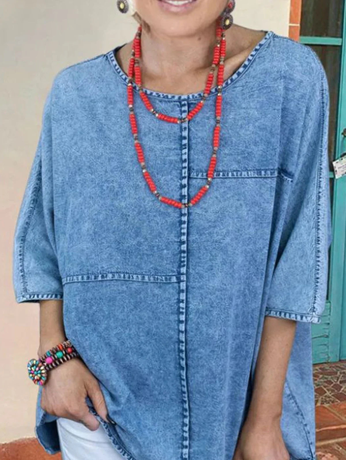 maoxiangshop Women's Plus Size Denim Shirts Spring Fashion Half Sleeve Spliced Elegant Shirt Blouse Woven Cotton Shirt Chemise Blusas Tops