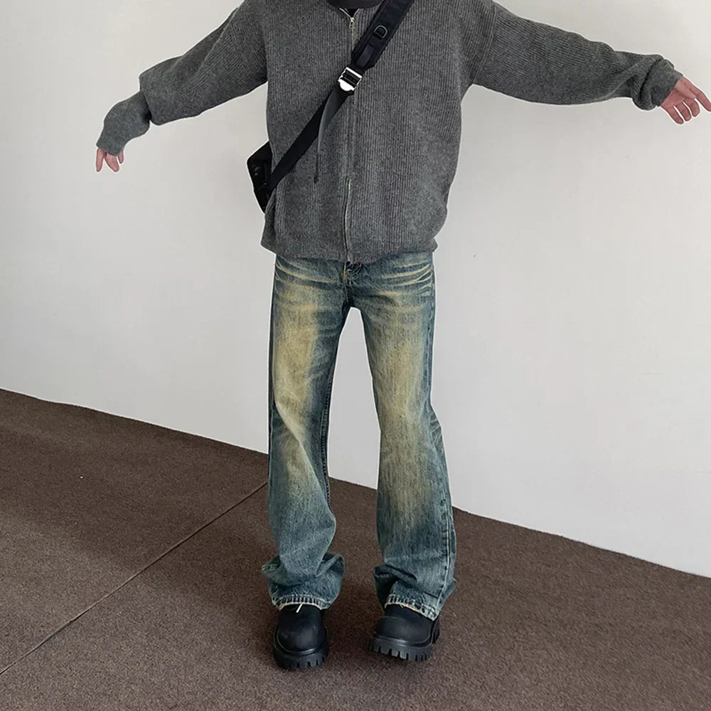 maoxiangshop Jeans Men Streetwear Y2k Vintage Blue Distressed Casual Fashion Street Trousers Straight-leg Autumn Winter Flared Denim Pants