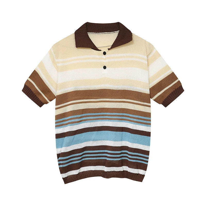 maoxiangshop Vintage Y2K Striped Polo Shirt Mens Knitwear Summer Short Sleeve Buttoned Lapel Knit Tops For Men Casual Loose Breathable Polos