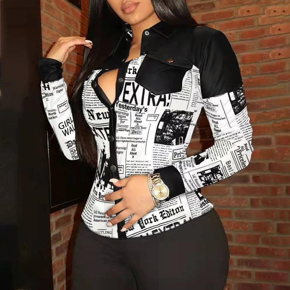 maoxiangshop PU Leather Shirt Tops For Women Spring Autumn Fashion Lapel Single-breasted Pocket Patchwork Slim Ladies Shirt