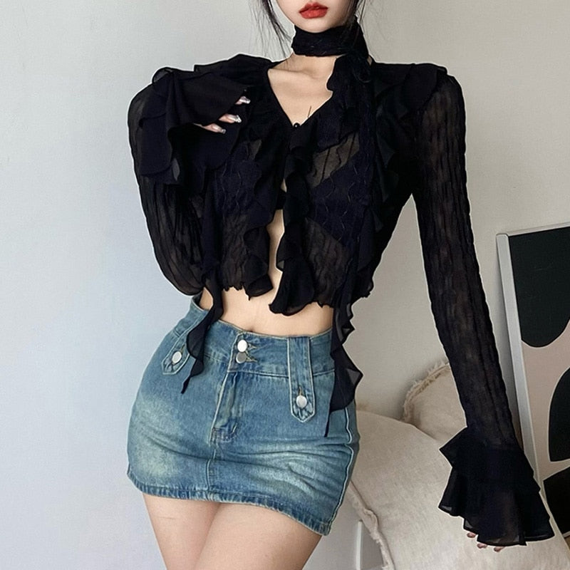 maoxiangshop Women Lace Blouses Y2k Crop Top Sexy Gothic GrungeFemale Shirts Elegant Black Transparent Cardigan Korean Streetwear