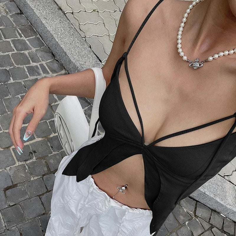 maoxiangshop-Fairy Grunge Halter Camisole Tops White Bandage Spaghetti Strap Lace Trim Split Crop Tops Vintage Korean Fashion Tees Kawaii