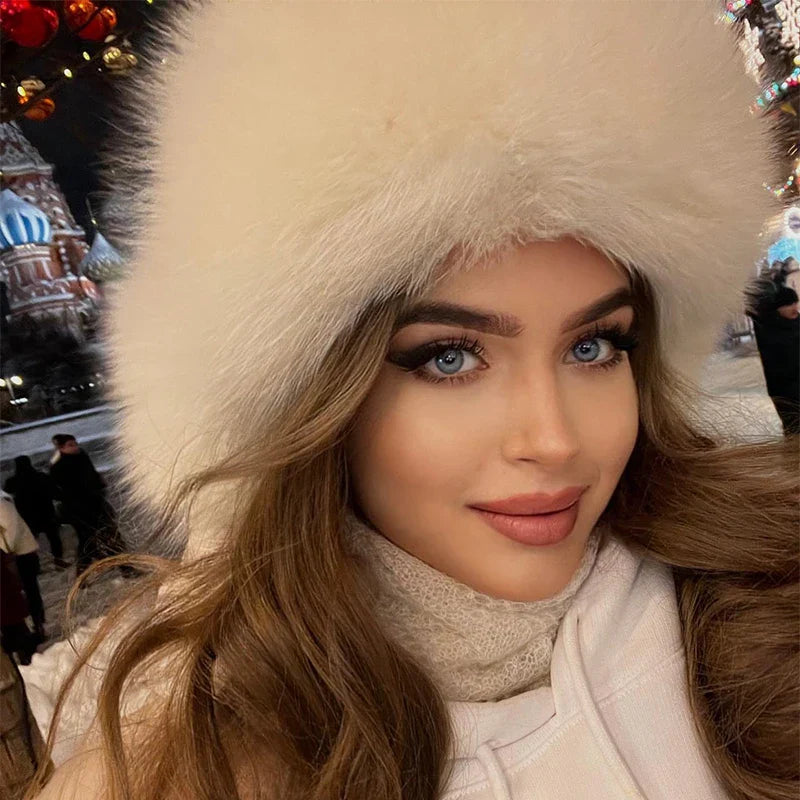 maoxiangshop - 2024 Winter Women Fluffy Furry Faux Fox Fur Bomber Hats Flaps Luxury Vintage Y2k Girls Warm Earflap Snow Ski Hat Caps Russian