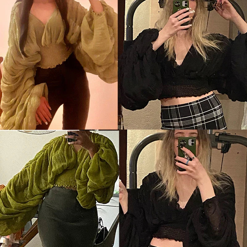 maoxiangshop-Women Sexy Chiffon Short Blouse Female See Through Super Long Sleeve Blusas Purple/Green/Black/White Folds Party Tops 2022 New
