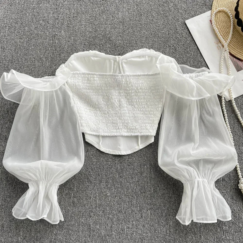 maoxiangshop Summer Off Shoulder Tops Women Long Sleeves Solid Zipper Elastic Waist Tops Spring Fashion Ruffle Short Sexy Shirts