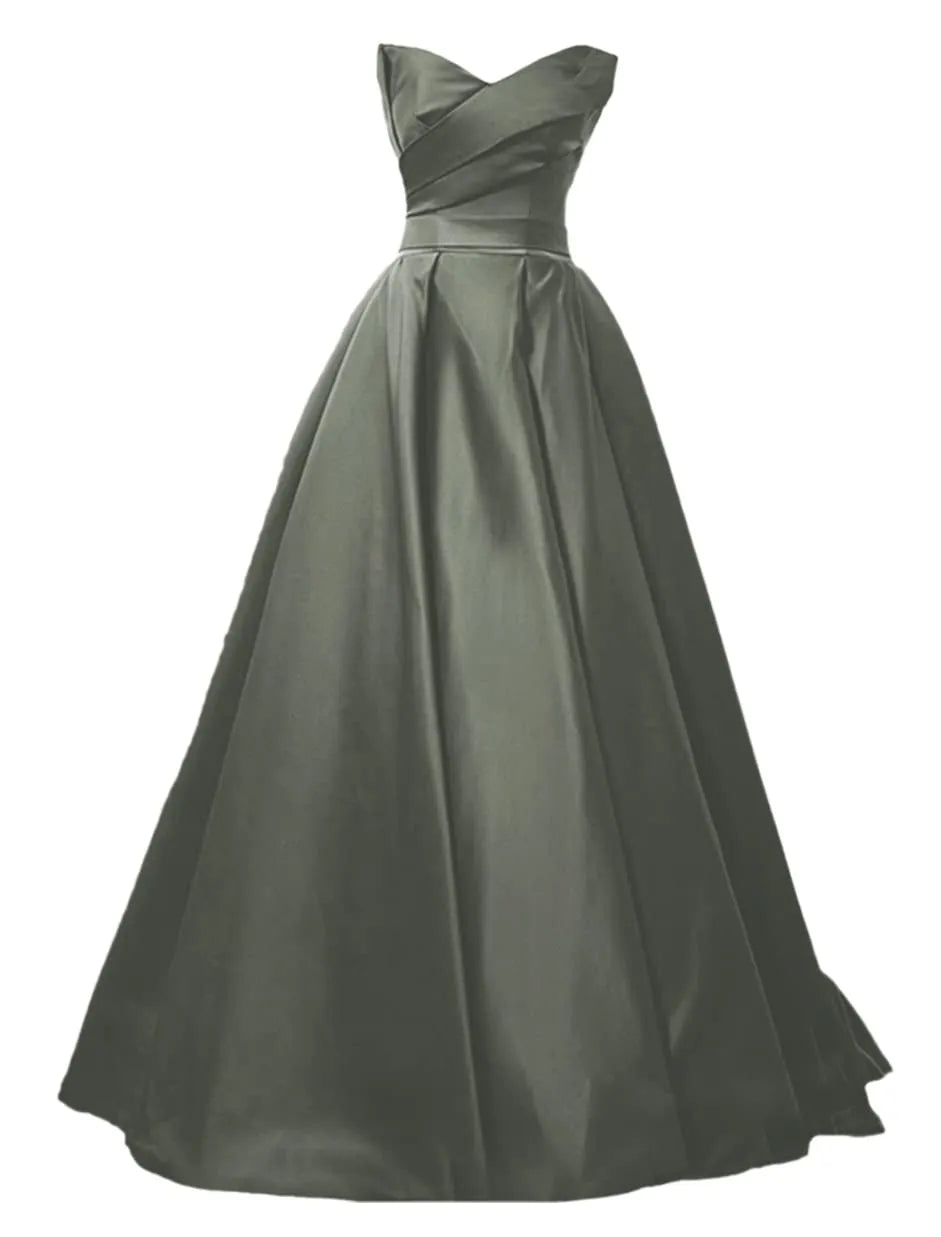 maoxiangshop Elegant A-Line Strapless Satin Evening Dresses for Women Sweetheart Neck Back Lace-up Floor Length Prom Gowns with Pleat
