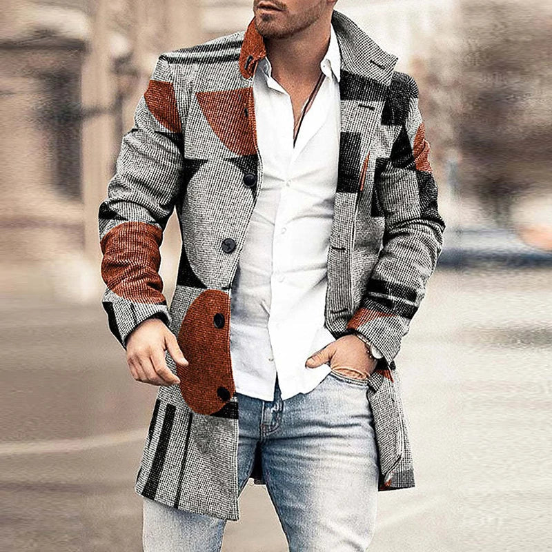 maoxiangshop WELL DRESSED MEN Autumn Winter Retro Print Woolen Coat Men Casual Single Breasted Lapel Long Sleeve Coat Men Fashion Loose Pocket Mid Long Jacket