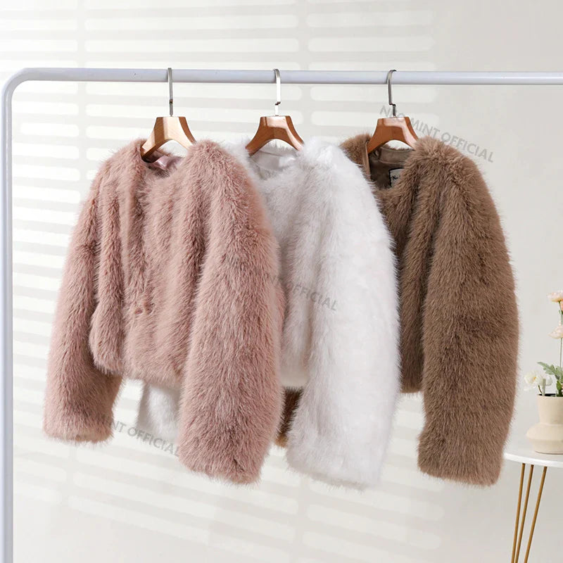 maoxiangshop - Brand Fashion 2024 Winter Sweet Pink Cropped Faux Fur Coat Women Streetwear Ins Chic Girls Fluffy Fox Fur Jacket Female