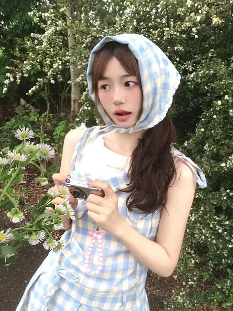 maoxiangshop - 2000s Vintage Blue Plaid Fake Two Piece Dress Women Casual Retro Y2k Mini Dress Summer 2024 Japanese Fashion Sweet Cute Dress