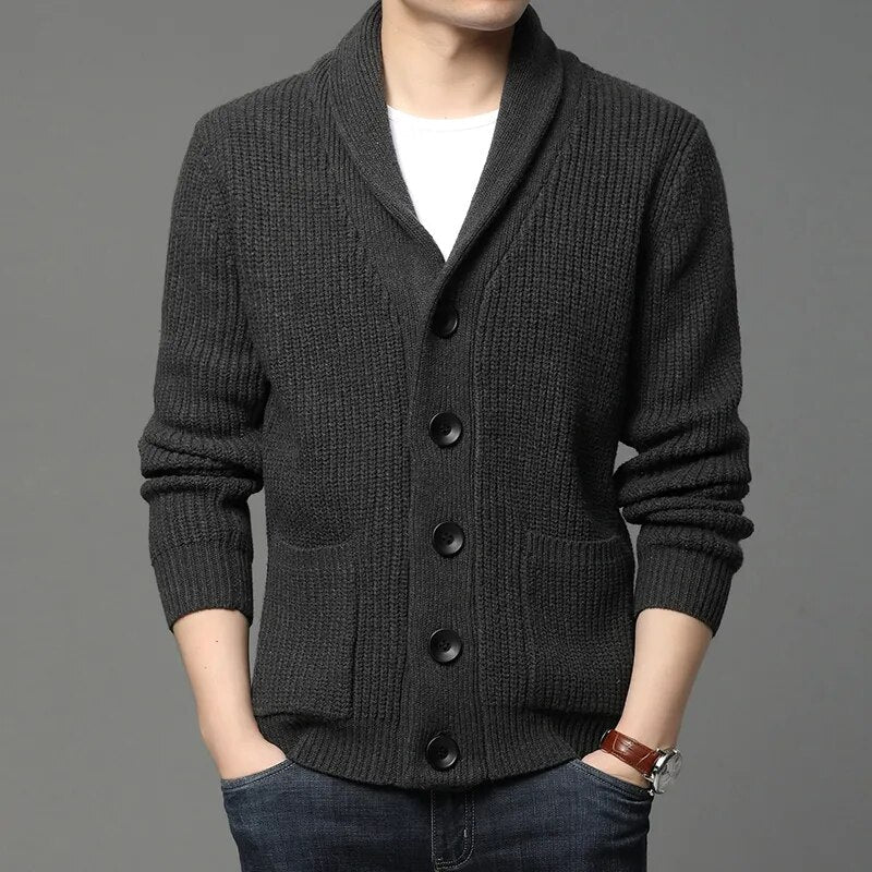 maoxiangshop High Quality Autumn Winter Cardigan Men Thick Knitted Solid Sweater Jakcet Fashion Turn Down Collar Single Breasted Cardigan Men