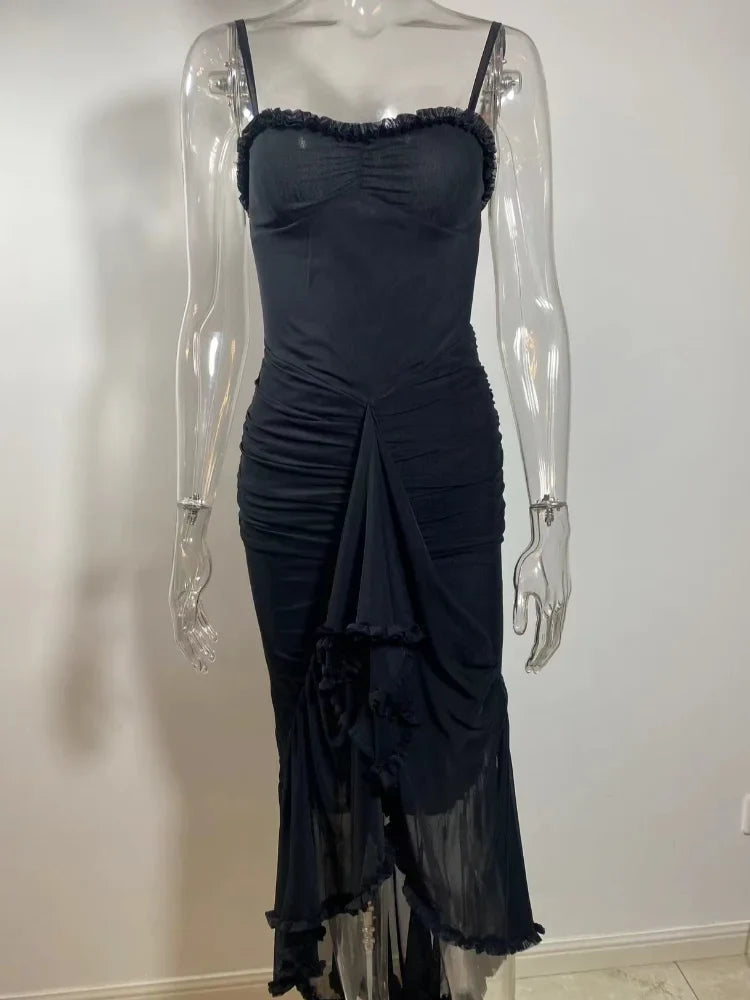 Women Elegant Irregular Ruffles Hem Pleated Sling Maxi Dress Sexy Sleeveless Backless Slim Robes Lady Evening Party Dresses
