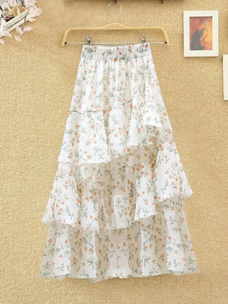 maoxiangshop New Temperament Skirt Summer Floral Irregular Ruffle All-match A-line Skirt Breathable Fairy Cake Skirt Fashion Party