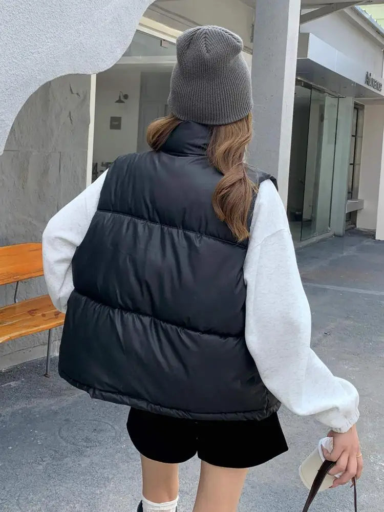 maoxiangshop - Korean Fashion Green Down Contton Vest Women's 2024 Winter Black Stand Collar Single Breasted Sleeveless Loose Waistcoat Popular
