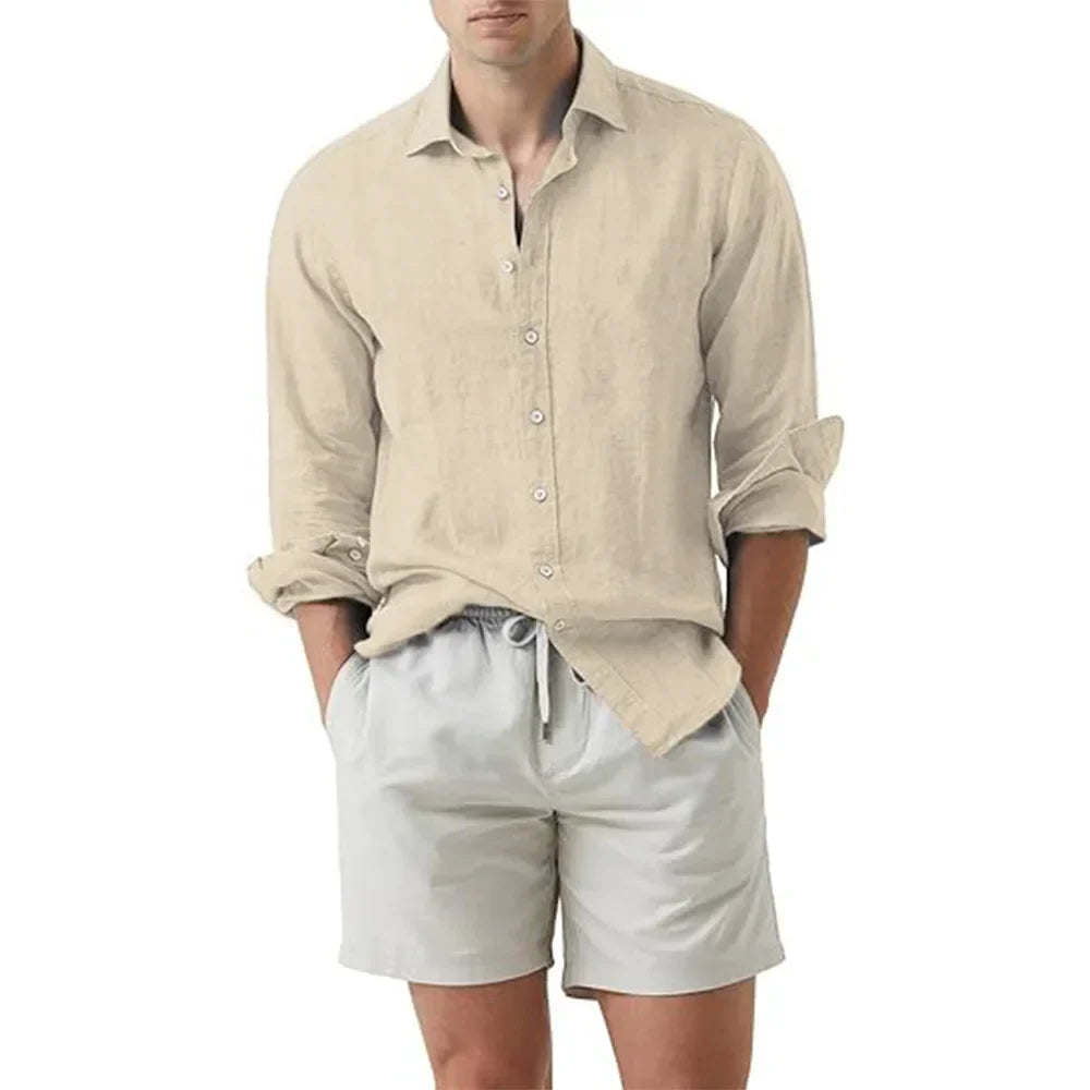 maoxiangshop Summer Shirt Beach Cotton Linen Shirts Men Cardigan Tops Long Sleeved Turn Down Collar Slim Fit Large Size