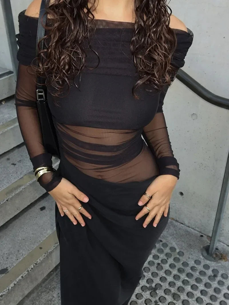 maoxiangshop - Women Autumn Evening Party Dresses Elegant Slash Neck Off Shoulder Mesh Patchwork See-through Folds Long Black Dress High Street