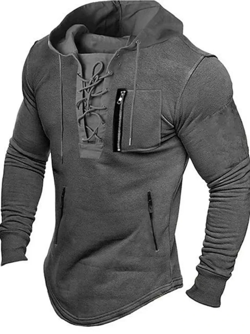 maoxiangshop Men Autumn Spring Top Lace Up Drawstring Solid Color Long Sleeve Zipper Pockets Pullover Streetwear Men Mid Length Hoodie