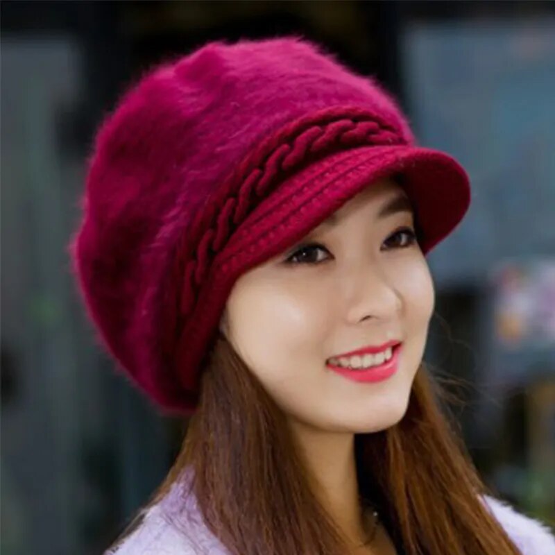 maoxiangshop New Women Beret Hats Fashion Winter Warm Rabbit Fur Knitted Beanie Ladies Female Casual Fleece Berets Cap bonnet hiver femme