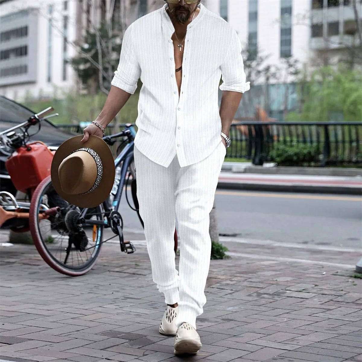 maoxiangshop Autumn Casual Simple Style Mens Sets Long-shirts Long Pants Solid All-match Henry Collar Striped Two-piece Sets S-3XL