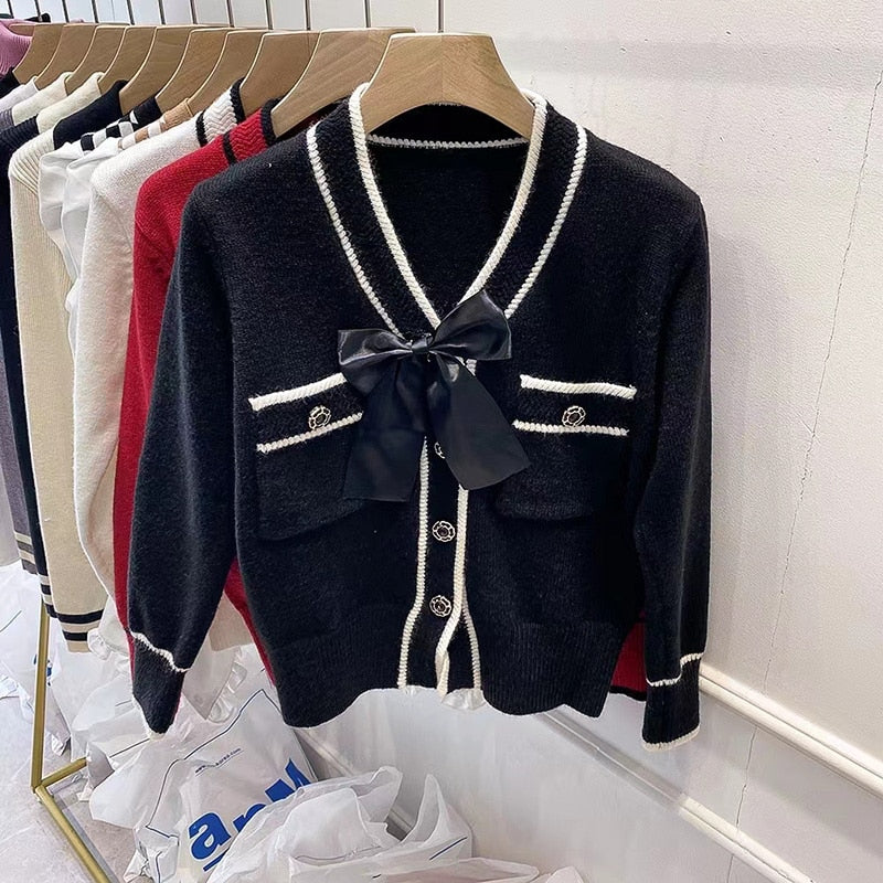 Knitted Cardigan Female Red Short Fashion Sweater women's Loose Bow Solid Long-Sleeved Kawaii Autumn High-Waist Knitted Top