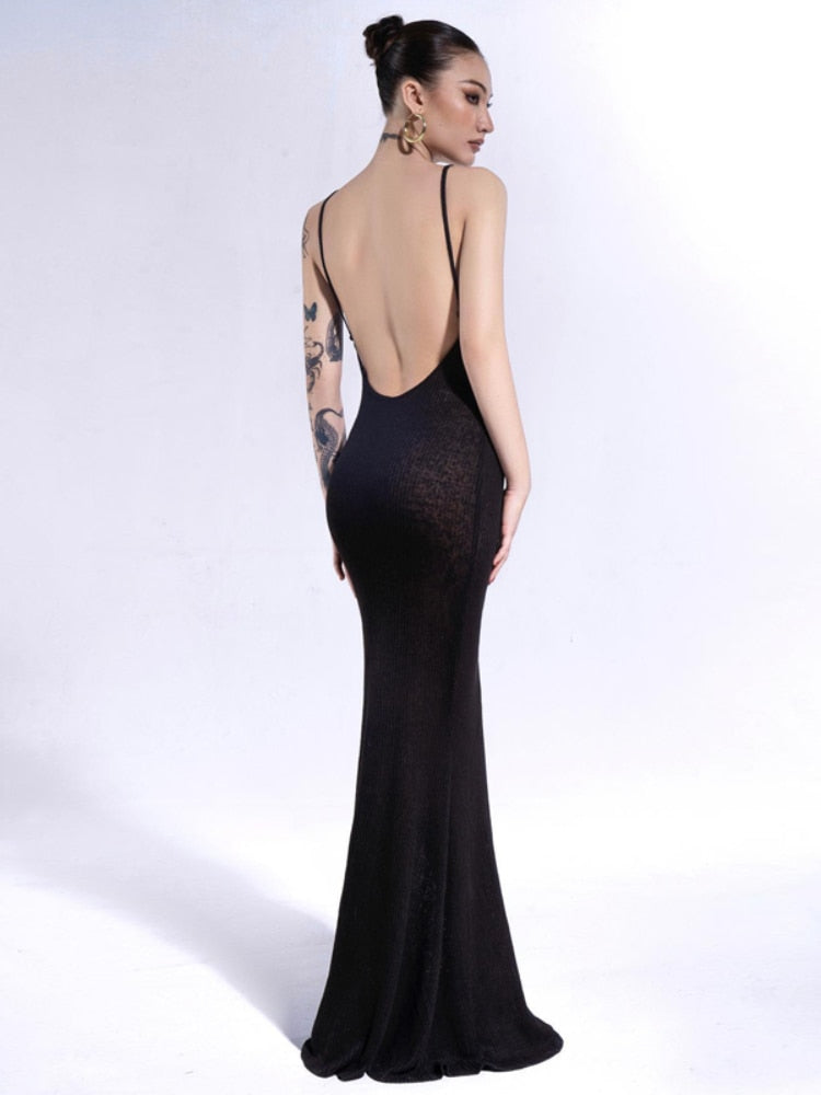 Sexy Ribbed Knitted Backless Strap Maxi Dresses Women Summer Black See Through Fishtail Dress Elegant Party Club Outfits