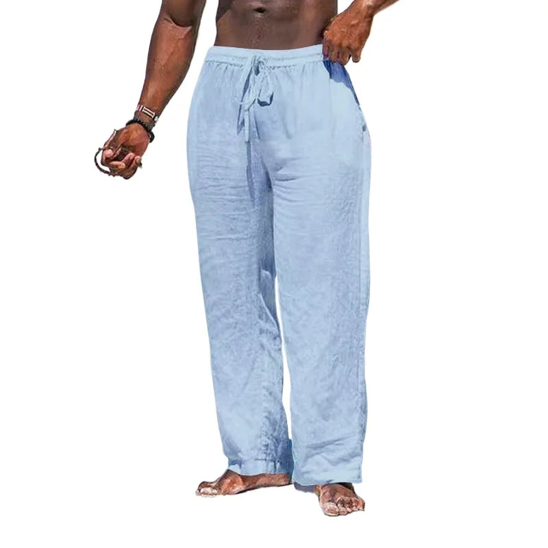 maoxiangshop Summer Cotton Pants Casual Long Fitness Breathable Pants Linen Lightweight Drawstring Yoga Beach Trousers Solid Color Mens Pants