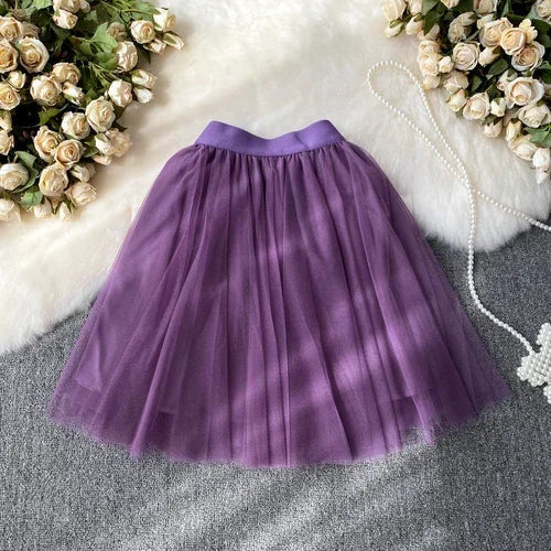 maoxiangshop Sweet Women Mini Skirt Mesh Solid Tierred Ruffles Elastic Waist Women's Clothing Almighty A-line Tulle Skirts Summer
