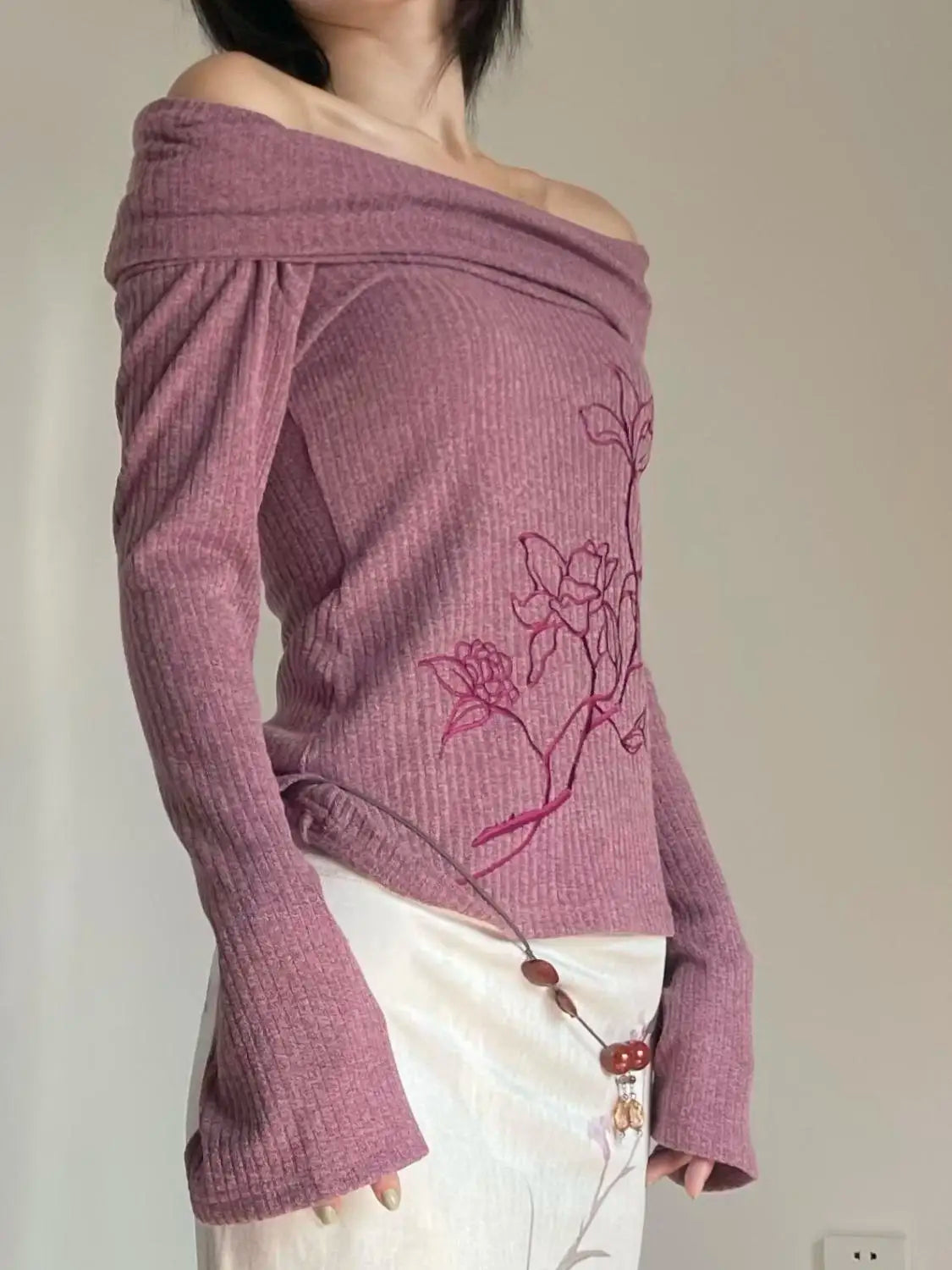 maoxiangshop - Swinging Collar Off Shoulder Purple Embroidered Sweater for Women Autumn Spicy Girls Slim Fit High End Knitted Shirt Women Tops