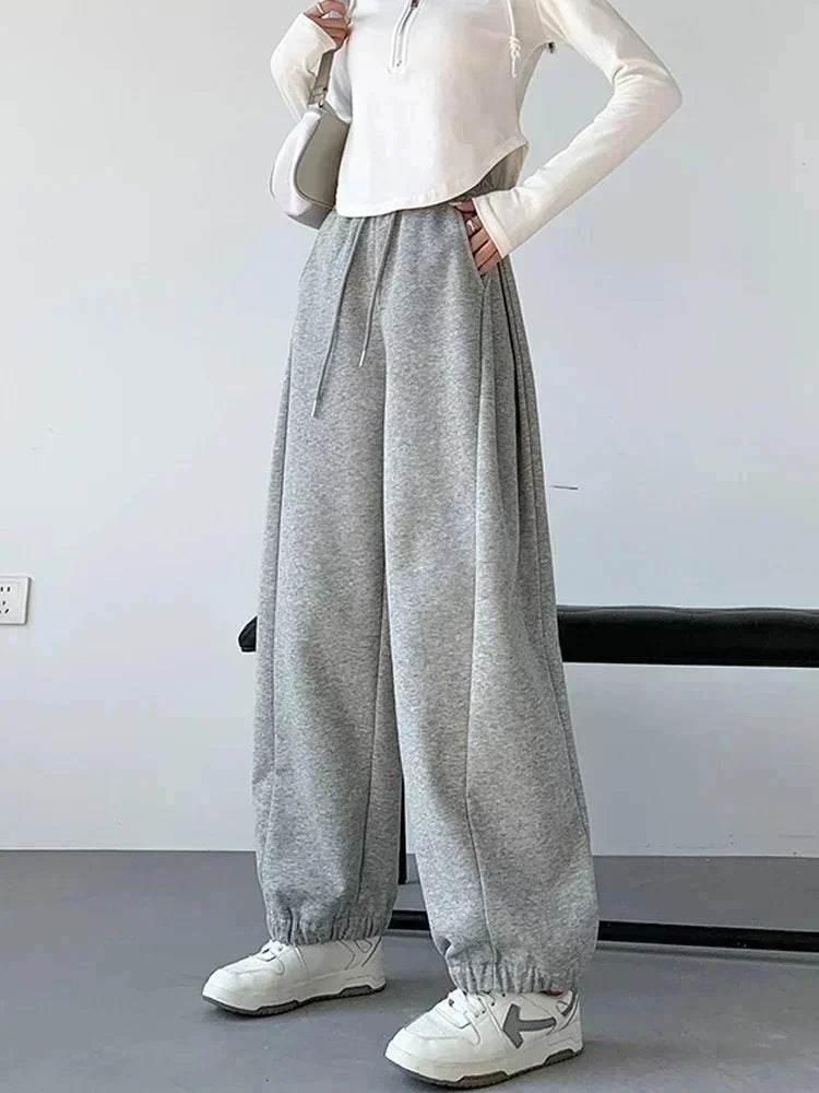 maoxiangshop - 2024 Autumn New Wide Leg Pants Women Baggy Sweatpants Loose High Waisted Bound Feet Pants Lady Lace Up Casual Straight Trousers