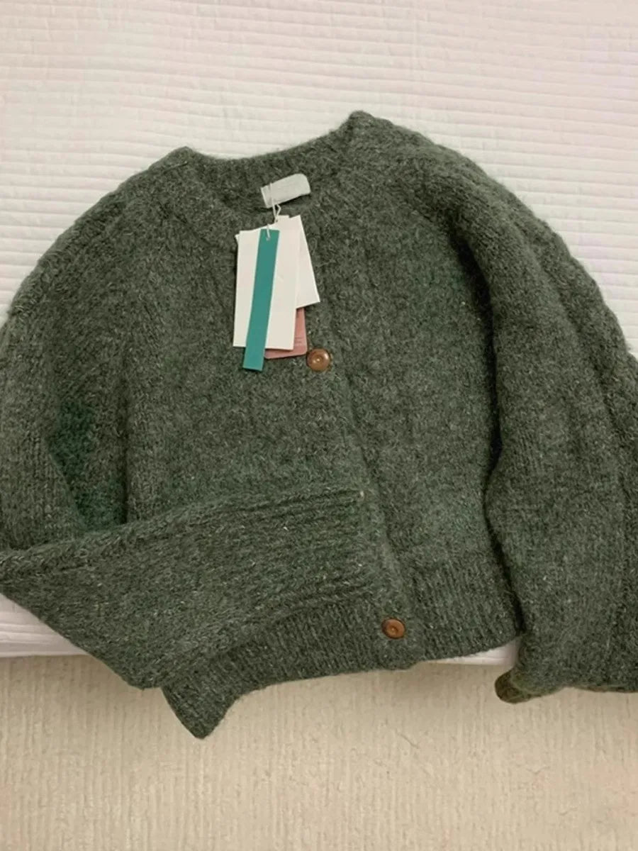 maoxiangshop - Retro Green Casual Knitted Jacket Women's Autumn And Winter New Round Neck Loose Single Breasted Short Top