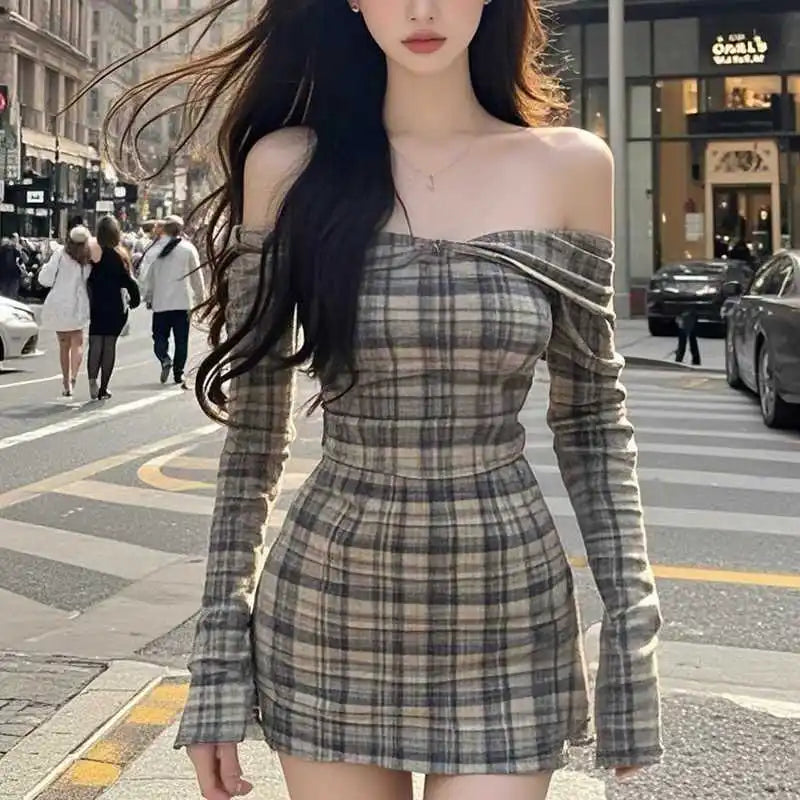 maoxiangshop - French Retro Plaid Off Shoulder Long Sleeve Sexy Dress for Women Autumn Chic Spicy Girl Waist Slimming Wrap Hip Mini Dresses