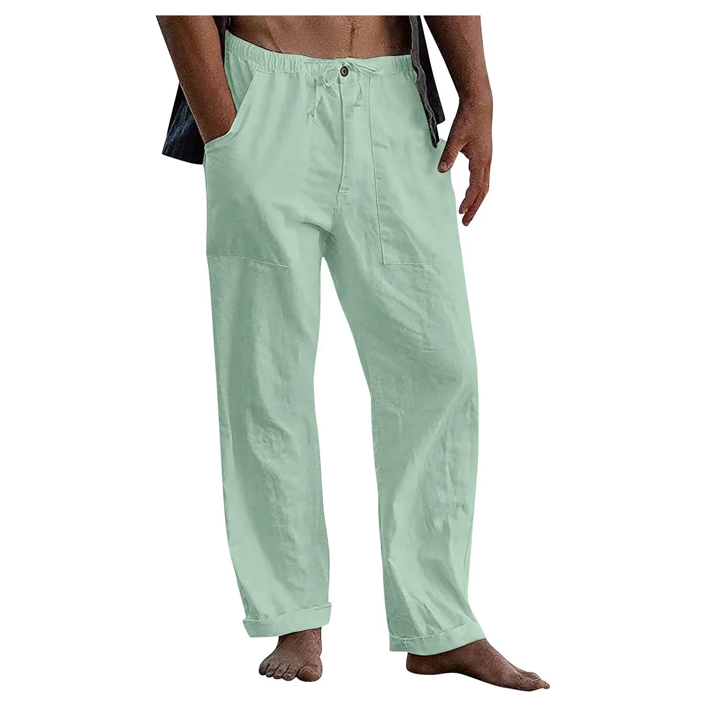 maoxiangshop New Men's Cotton Linen Pants Summer Solid Color Breathable Linen Trousers Summer elastic waist drawstring loose pants
