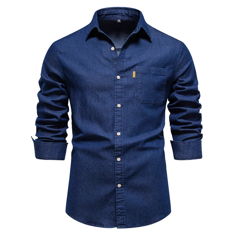 maoxiangshop Autumn New Cotton Men's Denim Shirt Solid Color Single Pocket Casual Long Sleeve Shirt Autumn Jeans Shirt for Men