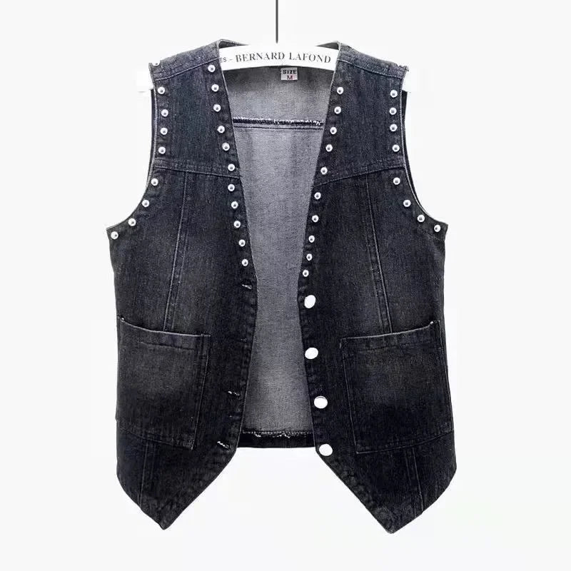 maoxiangshop Fashion Lace Beaded Denim Vest Women Cardigan 2024 New Spring Sleeveless Jacket Fashion Loose Vintage Jeans Waistcoat Tide