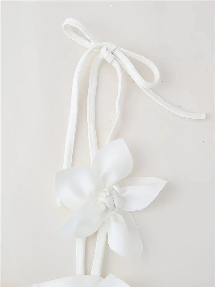 maoxiangshop - Cute Girl Fashion Flower Appliques White Elastic Short Tops Summer Chic Lady 2024 New Fashion Sling Vest