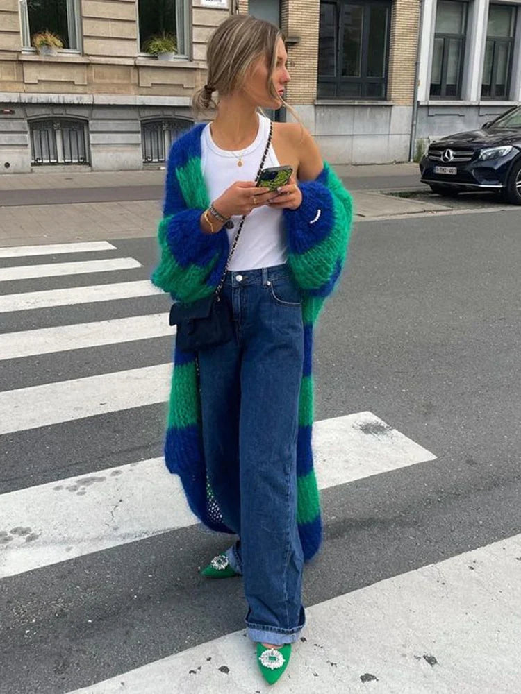 maoxiangshop - Chic Striped Knit Long Coat Women Lantern Sleeve Thicken Warm Cardigan Jacket 2024 Winter Fashion Female Street Outwears