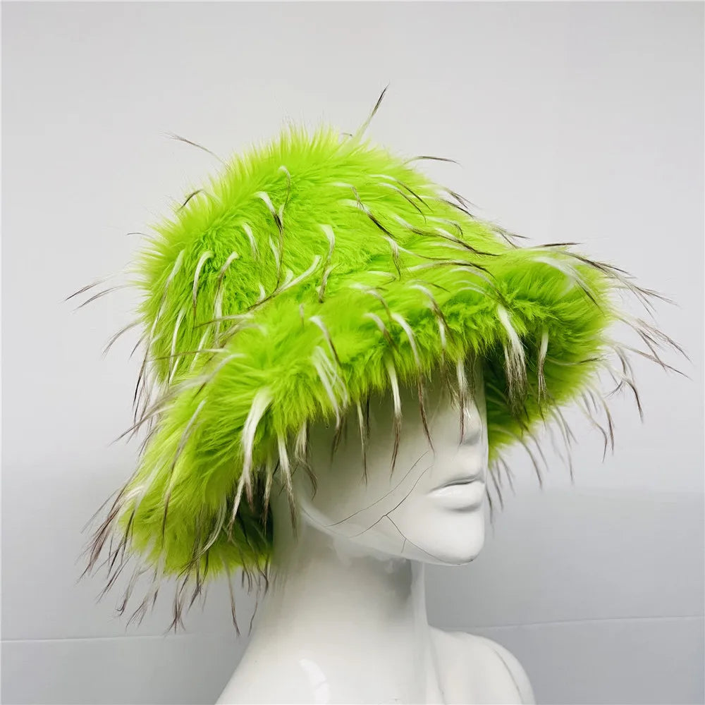 maoxiangshop - Luxury Ins Hot Y2k Girls Faux Fox Fur Bucket Hat Women Winter Warm Rabbit Fur Plush Fisherman Hat Cap Festival Party Ski Panama