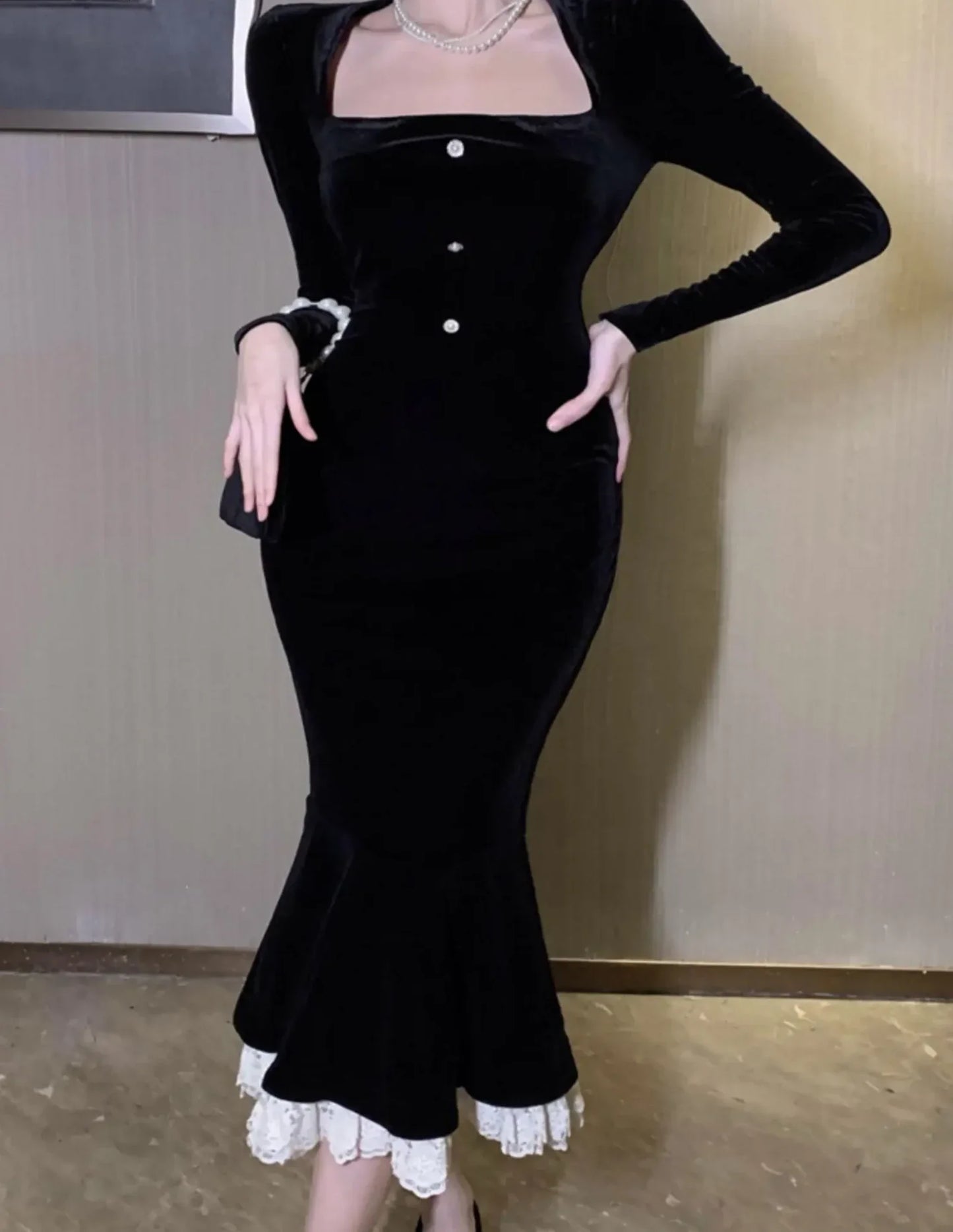 Women France Vintage Ruffles Mermaid Dress Chic Patchwork Long Sleeve One Piece Bodycon Lace Robe Spring Autumn New Clothing