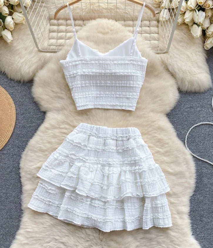 maoxiangshop Sweet Ruched Two Pieces Sets V Neck Strap Crop Tops+Short Pleated Skirt Women Korean Style Chic Summer Beachwear Suits