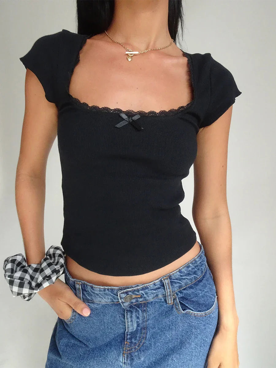 maoxiangshopY2k Vintage Baby Tee Cottage Lace Trim Knitted T-Shirt Summer Square Neck Short Sleeve Tee Shirt Women White Milkmaid Crop Top