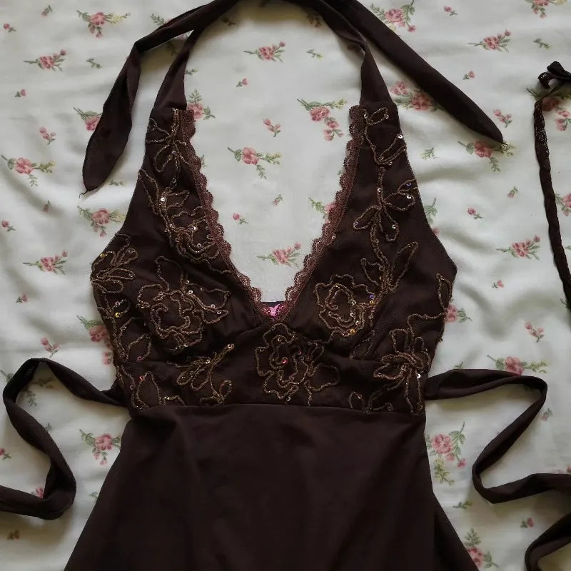 maoxiangshop - Gothic Sexy Hottie Slim Fit Womens Clothing Y2K Clothes Harajuku Graphic Embroidery Mini Suspender Brown V Neck Halter Skirts